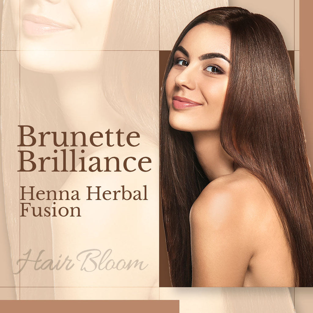 Hair Bloom Natural Brunette Hair Color - Herbal Henna & Indigo Mix Powder with Brush & Tray