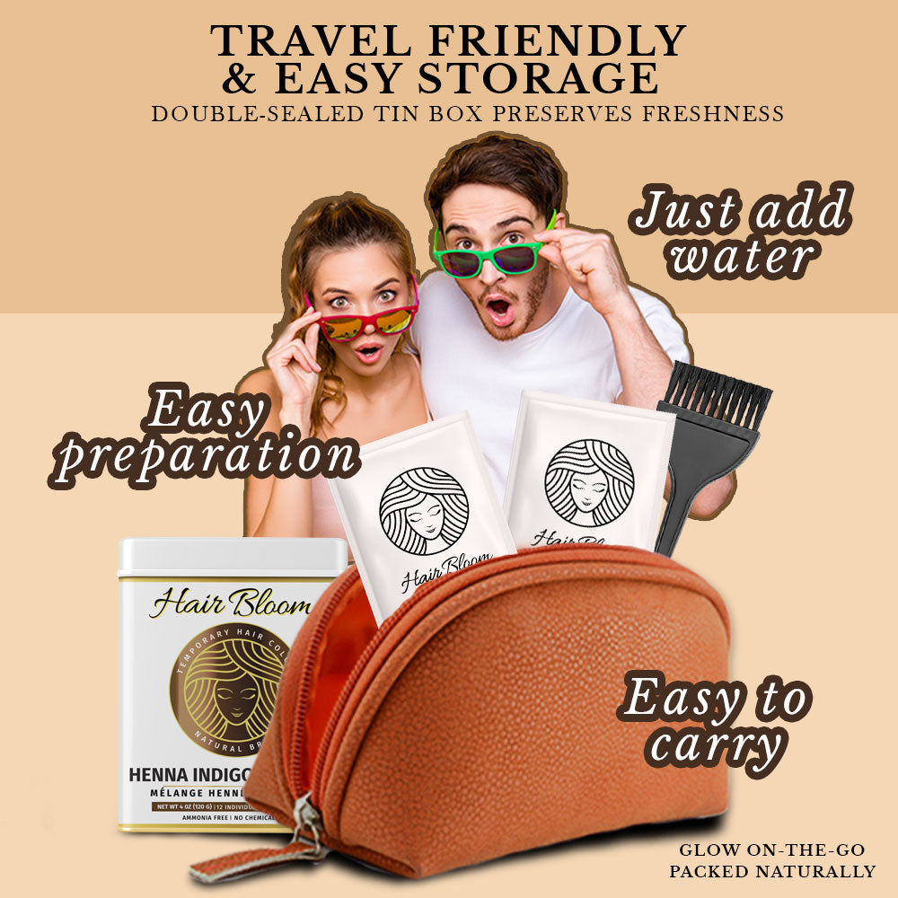 Hair Bloom Natural Brunette Hair Color - Herbal Henna & Indigo Mix Powder with Brush & Tray