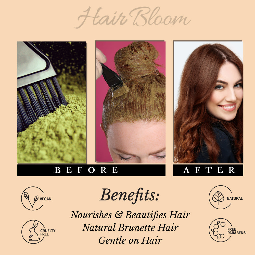Hair Bloom Natural Brunette Hair Color - Herbal Henna & Indigo Mix Powder with Brush & Tray
