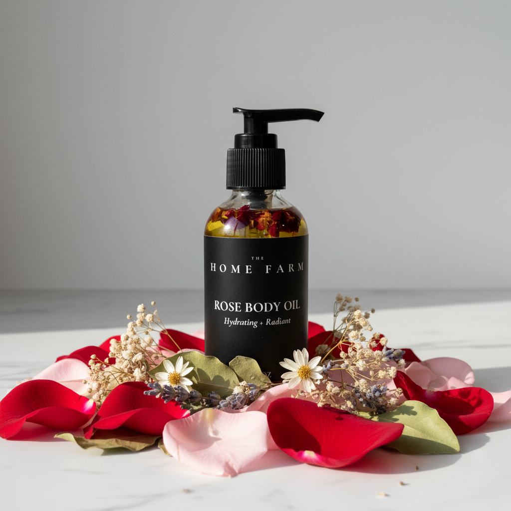 Rose Body Oil lifestyle photo on marble surface with rose petals
