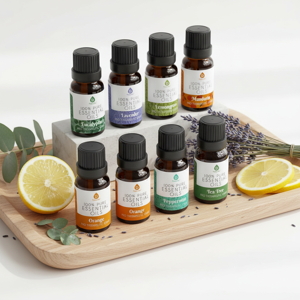 Essential oils lifestyle photo on wooden tray with botanicals