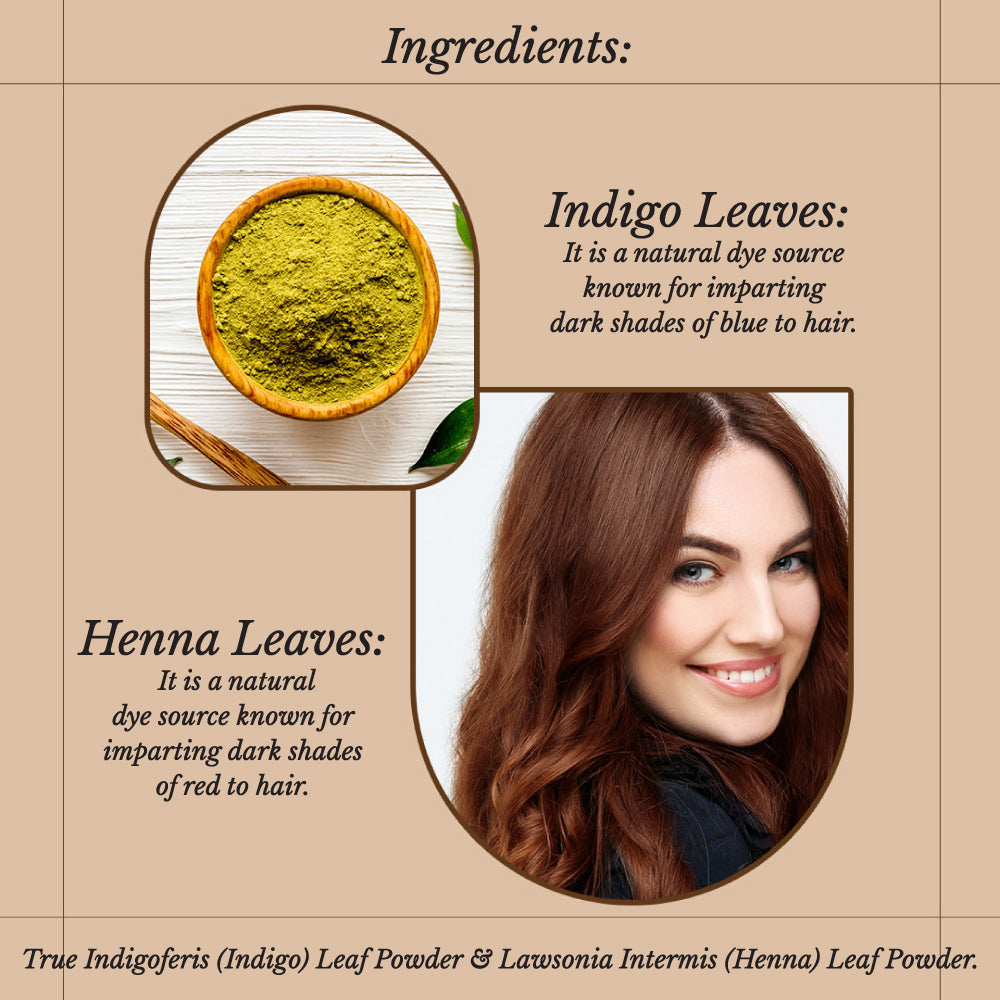 Hair Bloom Natural Brunette Hair Color - Herbal Henna & Indigo Mix Powder with Brush & Tray