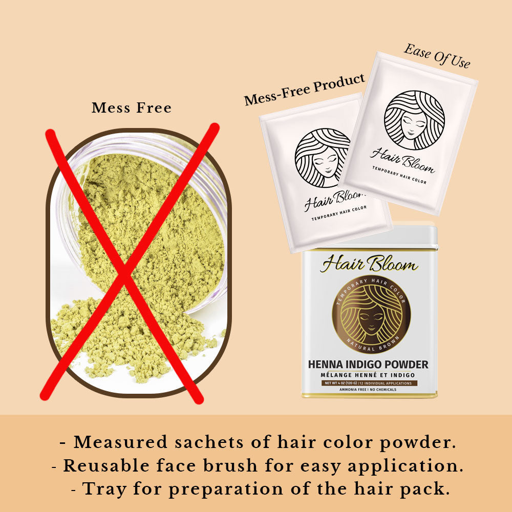 Hair Bloom Natural Brunette Hair Color - Herbal Henna & Indigo Mix Powder with Brush & Tray
