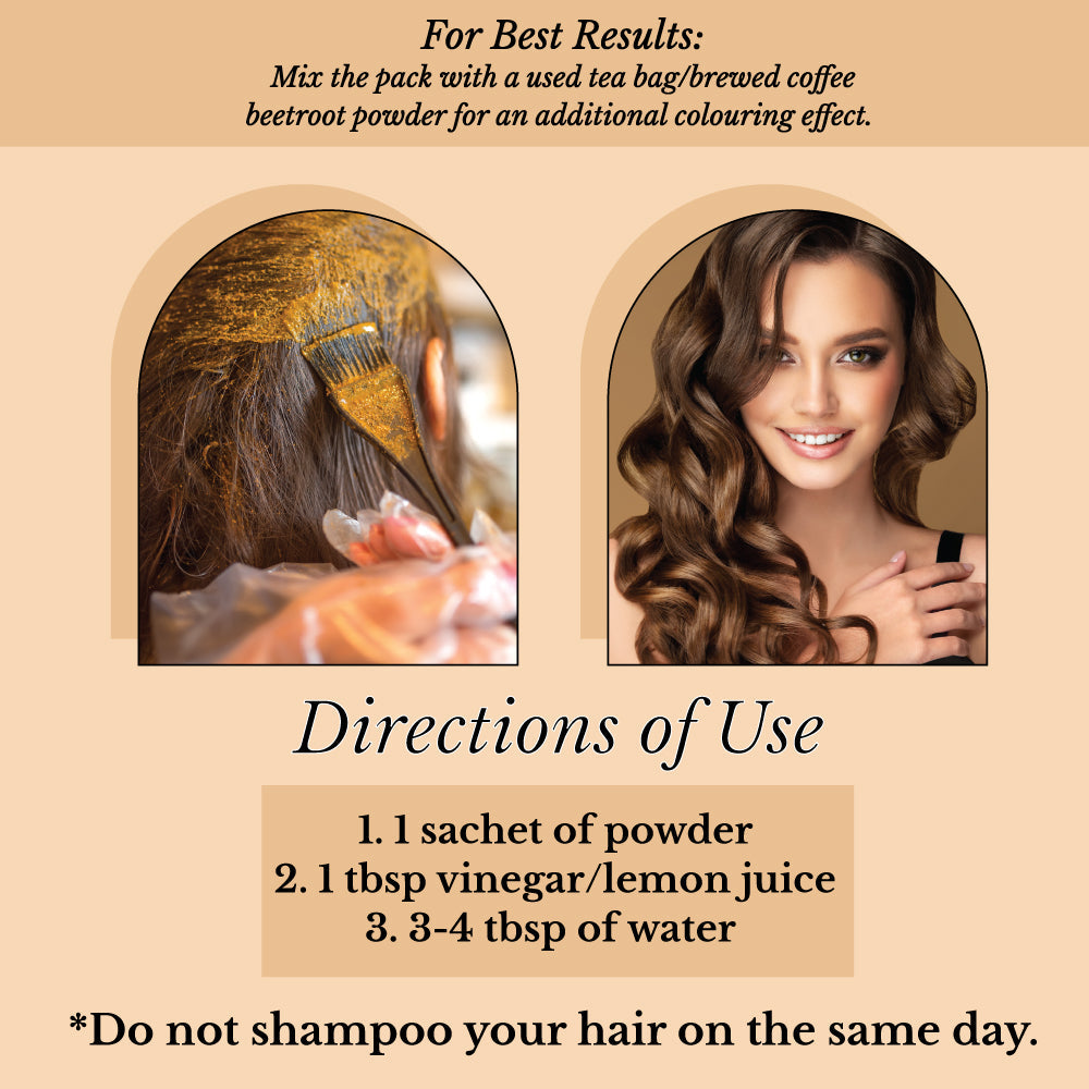 Hair Bloom Natural Brunette Hair Color - Herbal Henna & Indigo Mix Powder with Brush & Tray